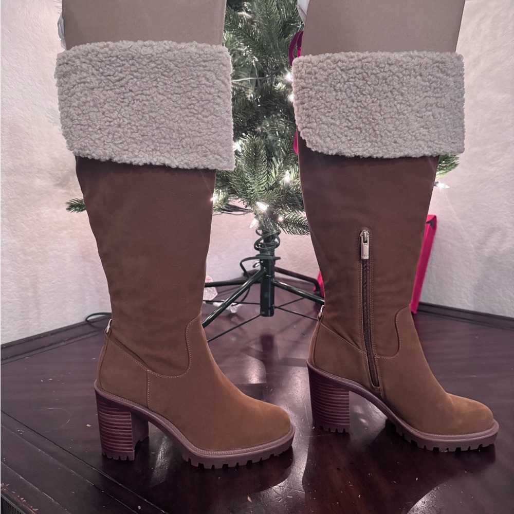Brown Knee-High Boots with Cream Cuff- Brand New